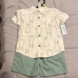 Carter's White Bunny Print Easter outfit set Button-Up with Green Shorts size 3T
